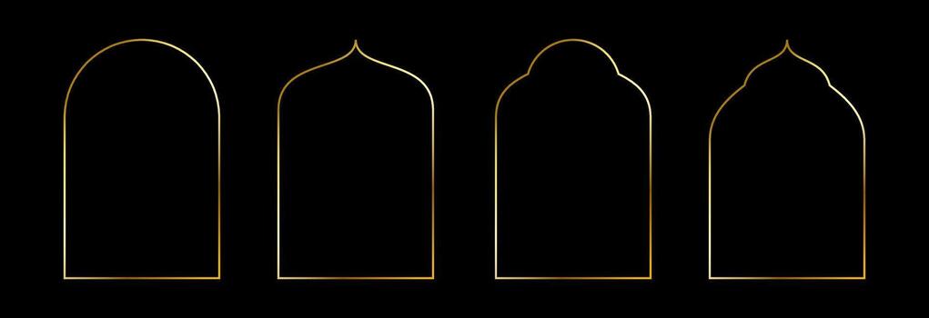 Thin golden oriental arch set. Gold arc border frame collection in art deco style. Thin linear shining curve shape bundle. Glowing shiny boarder element pack for photo, cadre, poster, card. vector