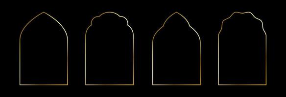 Thin golden oriental arch set. Gold arc border frame collection in art deco style. Muslim linear shining curve shape bundle. Glowing shiny boarder element pack for photo, cadre, poster, card. vector