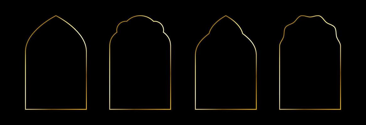 Thin golden oriental arch set. Gold arc border frame collection in art deco style. Muslim linear shining curve shape bundle. Glowing shiny boarder element pack for photo, cadre, poster, card.
