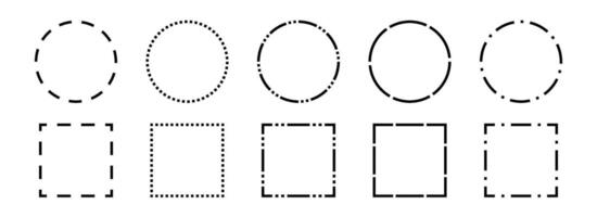 Black dashed frames collection. Dashed outline circle and square borders set. Outline cut out element design bundle for poster, banner, flyer. Geometric dotted rectangular and round shape pack. vector
