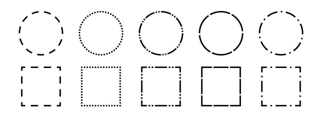 Black dashed frames collection. Dashed outline circle and square borders set. Outline cut out element design bundle for poster, banner, flyer. Geometric dotted rectangular and round shape pack.