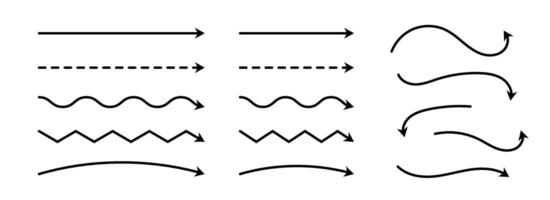 Black arrows set. Wavy and zigzag arrow collection. Doodle sketched thin pointers and direction lines. Curved and straight outline stripe design elements bundle for flyer, poster, brochure vector