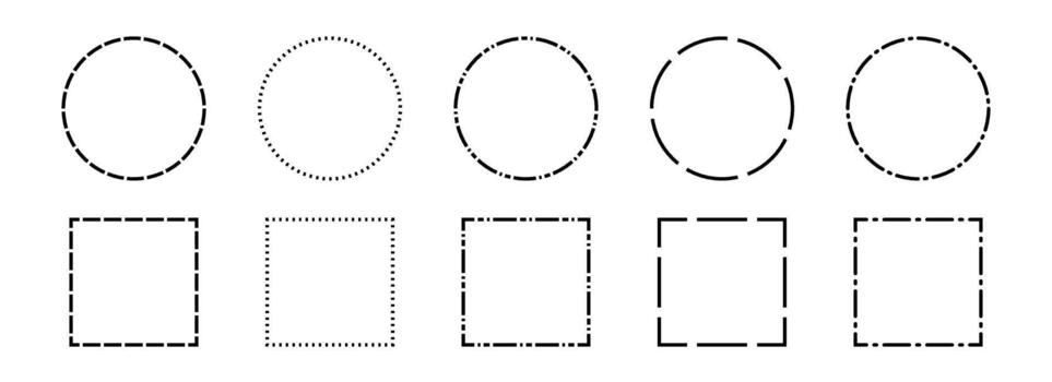 Black dashed frame set. Dashed outline circle and square border collection. Geometric dotted rectangular and round shape pack. Outline cut out element design bundle for poster, banner, flyer. vector
