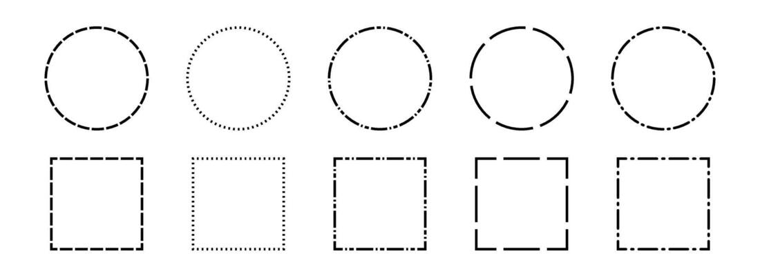 Black dashed frame set. Dashed outline circle and square border collection. Geometric dotted rectangular and round shape pack. Outline cut out element design bundle for poster, banner, flyer.