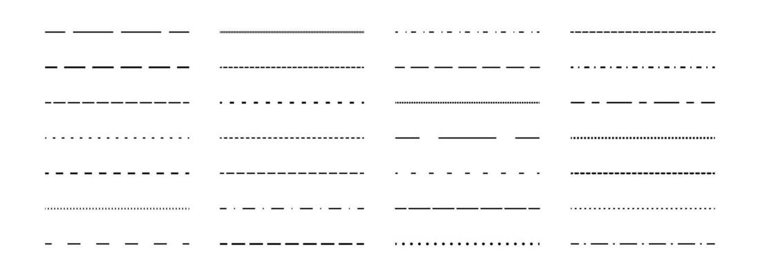 Black straight dashed line set. Dotted dividers and separators design element collection. Broken stroke pack for underline, emphasis, highlight. Repeated dash thin lines bundle
