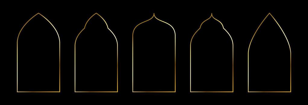 Thin golden pointed arch set. Gold arc border frame collection in oriental style. Thin linear shining curve shape bundle. Glowing shiny boarder element pack for photo, cadre, poster, card. vector