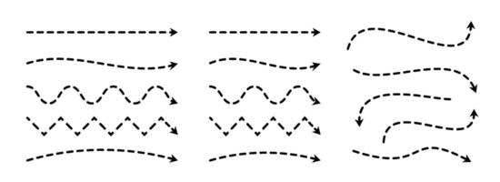 Black dashed arrows set. Wavy zigzag arrow collection. Doodle sketched dotted pointers and direction lines. Curved and straight outline stripe design element bundle for flyer, poster, brochure vector