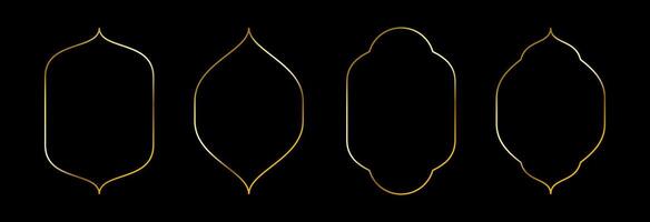 Thin golden curved frame set. Gold curved border collection in oriental style. Thin linear shining pointed shape bundle. Glowing shiny boarder element pack for photo, cadre, poster, card. vector