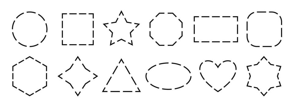 Black dashed frame collection. Dashed outline geometric border set. Geometric dotted shape pack. Outline cut out element design bundle for poster, banner, flyer, brochure, leaflet, booklet. vector