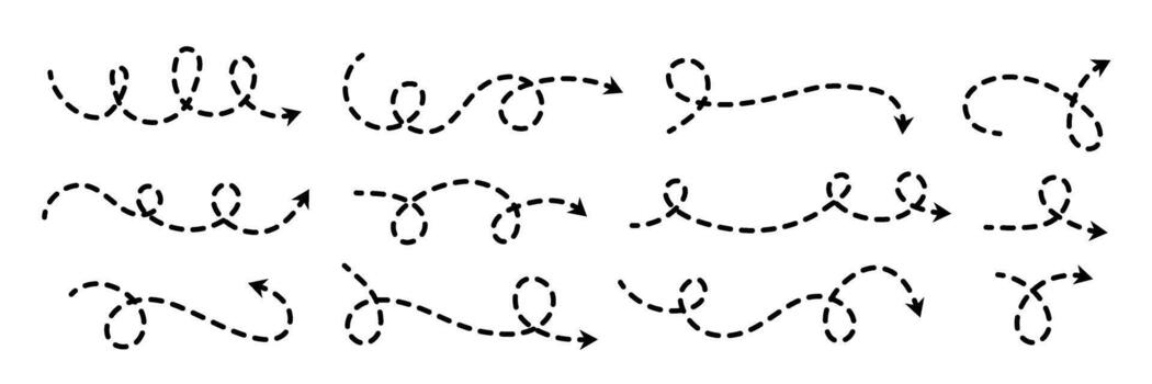 Comic dotted thin arrow set. Wavy curved dash pointer collection. Squiggle sketchy direction lines. Dots squiggle loop stripe design elements bundle for flyer, poster, brochure, banner vector