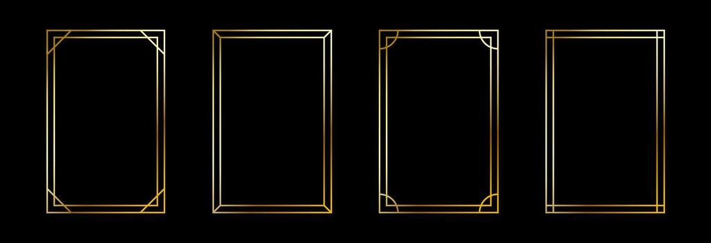 Thin golden frame set. Gold rectangle border collection in art deco style. Thin linear shining rectangular shape bundle. Brass glowing shiny boarder element pack for photo, cadre, poster, card. vector