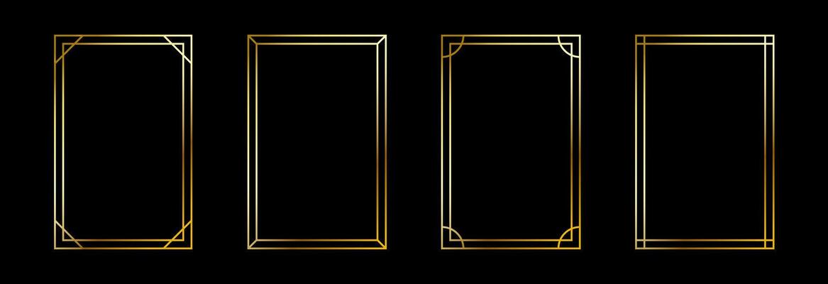 Thin golden frame set. Gold rectangle border collection in art deco style. Thin linear shining rectangular shape bundle. Brass glowing shiny boarder element pack for photo, cadre, poster, card.