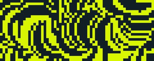Pixelated curved wavy texture. Yellow and black dithered bent lines background. Digitalized warped stripes for banner, poster, flyer, brochure, booklet. Rasterized squiggle overlay wallpaper vector