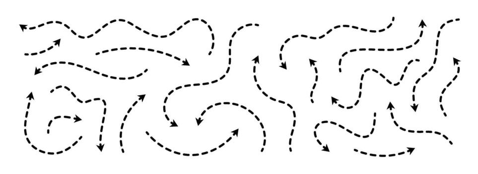 Black dotted arrows set. Wavy and curved dashed arrow collection. Sketched doodle thin pointers and direction lines. Dots outline stripe design elements bundle for flyer, poster, brochure. vector