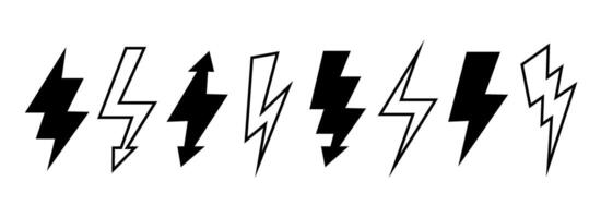 Lightning bolt set. Black and outline thunder bolt symbol collection. Flash thunderbolt elements for poster, banner, graphic design. Strike arrow signs bundle. vector