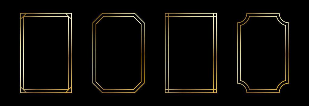 Thin golden frame set. Gold rectangular border collection in art deco style. Thin linear shining rectangle shape bundle. Metal glowing shiny boarder element pack for photo, cadre, poster, card vector