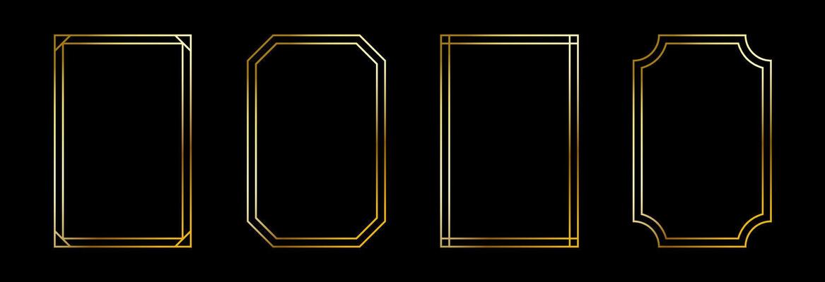 Thin golden frame set. Gold rectangular border collection in art deco style. Thin linear shining rectangle shape bundle. Metal glowing shiny boarder element pack for photo, cadre, poster, card