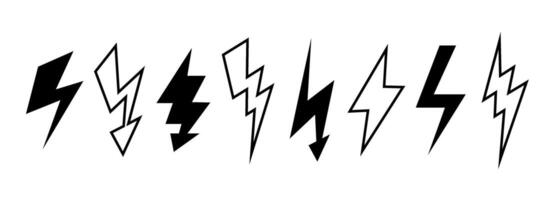 Black and white lightning bolt set. Thunder bolt symbol collection. Flash thunderbolt element pack for poster, banner, graphic design, card. Strike arrow signs bundle. vector