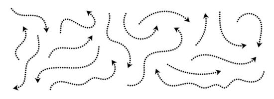 Black dotted arrows set. Wavy and curved dashed arrow collection. Doodle sketched thin pointers and direction lines. Dots outline stripe design elements bundle for flyer, poster, brochure vector