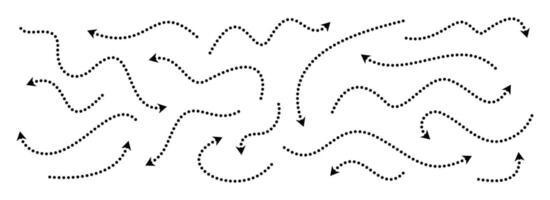 Black dotted arrows set. Wavy and curved dashed arrow collection. Doodle sketched thin pointers and direction lines. Dots squiggle stripe design elements bundle for flyer, poster, brochure vector