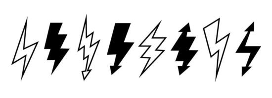 Lightning bolt set. Black and outline thunder bolt symbol collection. Flash thunderbolt element pack for poster, banner, graphic design, card. Strike arrow signs bundle. vector