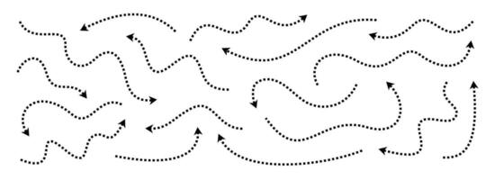 Black dotted thin arrows set. Wavy and curved dashed arrow collection. Wiggly sketched pointers and direction lines. Dots squiggle stripe design elements bundle for flyer, poster, brochure. vector