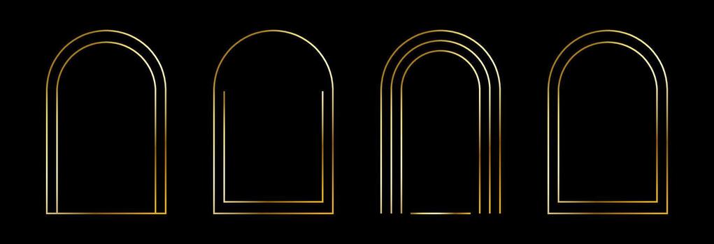 Thin golden arch frame set. Gold arc border collection in art deco style. Thin linear shining curve shape bundle. Brass glowing shiny boarder element pack for photo, cadre, poster, card. vector