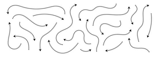 Black dotted thin arrows set. Wavy and curved dashed arrow collection. Wiggly sketchy pointers and direction lines. Dots squiggle stripe design elements bundle for flyer, poster, brochure vector
