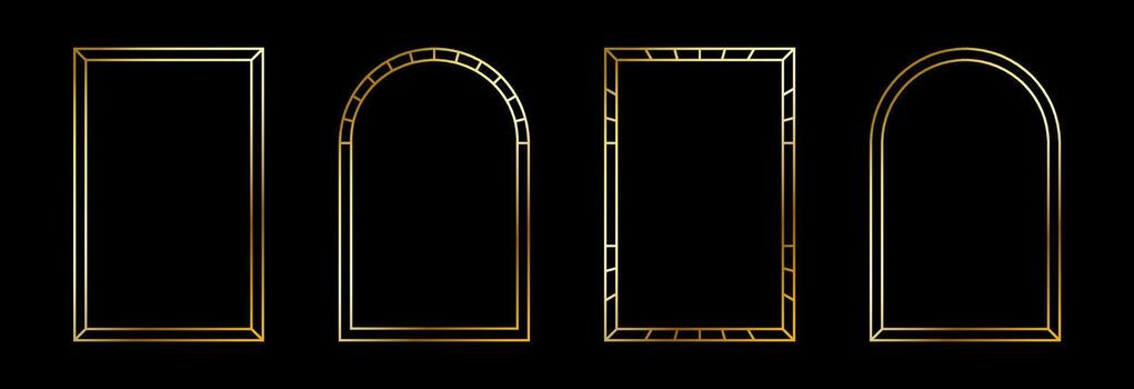 Thin golden frame set. Gold rectangle and arch border collection in art deco style. Thin linear shining shape bundle. Metal glowing shiny boarder element pack for photo, cadre, poster, card. vector