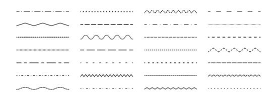 Dashed straight, wavy and zig zag line set. Dotted dividers or separators design element collection. Broken stroke pack for underline, emphasis, highlight. Repeated dash zigzag lines bundle vector