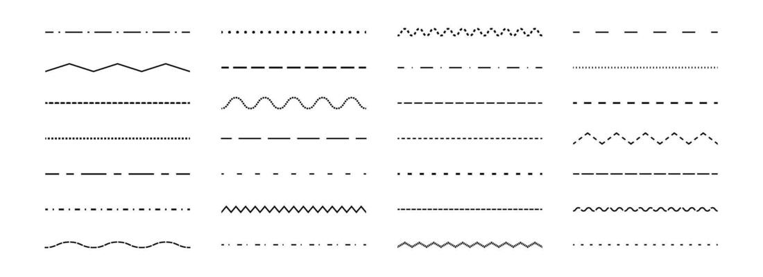 Dashed straight, wavy and zig zag line set. Dotted dividers or separators design element collection. Broken stroke pack for underline, emphasis, highlight. Repeated dash zigzag lines bundle