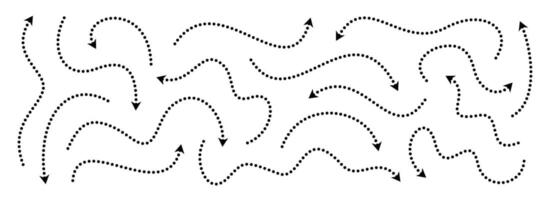 Black dotted thin arrows set. Wavy and curved dashed arrow collection. Doodle sketched pointers and direction lines. Dots squiggle stripe design elements bundle for flyer, poster, brochure vector