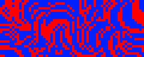 Pixelated curved wavy texture. Red and blue dithered bent lines background. Digitalized warped stripes for banner, poster, flyer, brochure, booklet. Rasterized squiggle overlay wallpaper vector
