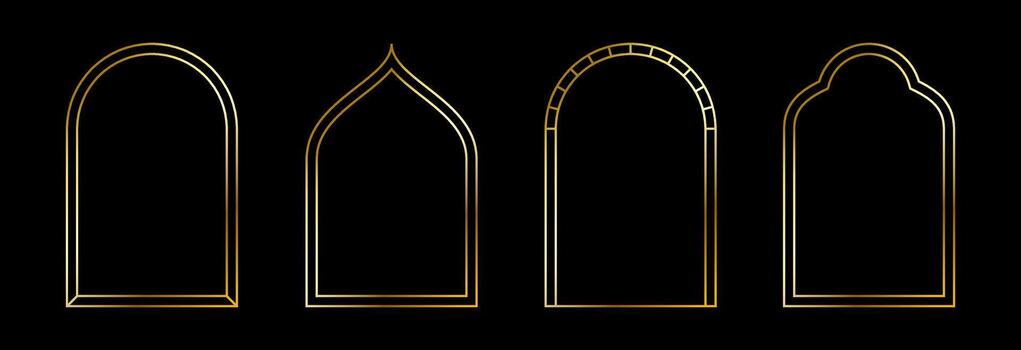 Thin golden arch set. Gold arc border frame collection in oriental style. Muslim linear shining curve shape bundle. Glowing shiny boarder element pack for photo, cadre, poster, card. vector