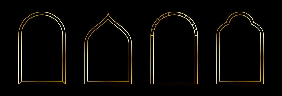 Thin golden arch set. Gold arc border frame collection in oriental style. Muslim linear shining curve shape bundle. Glowing shiny boarder element pack for photo, cadre, poster, card.