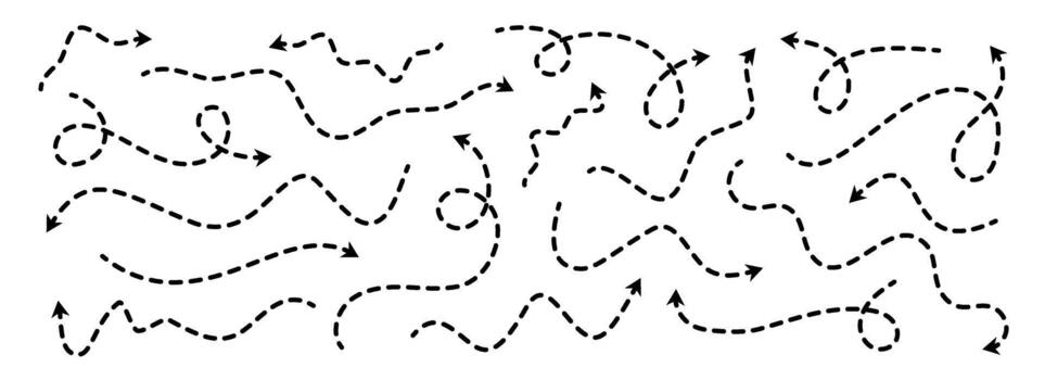 Different dotted thin arrows set. Wavy and curved dashed pointers collection. Wiggly sketchy direction lines. Dots squiggle loop stripe design elements bundle for flyer, poster, brochure. vector