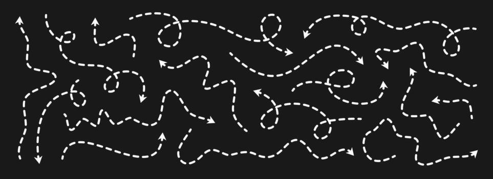 Different dotted thin arrows set. Wavy and curved dashed pointers collection. Squiggle sketchy direction lines. Dots squiggle loop stripe design elements bundle for flyer, poster, brochure. vector