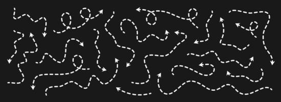 Various dotted thin arrows set. Wavy and curved dashed pointers collection. Wiggly sketchy direction lines. Dots squiggle loop stripe design elements bundle for flyer, poster, brochure vector