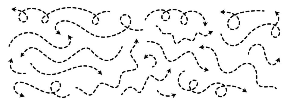 Black dotted thin arrows set. Wavy and curved dashed pointers collection. Wiggly sketchy direction lines. Dots squiggle loop stripe design elements bundle for flyer, poster, brochure vector