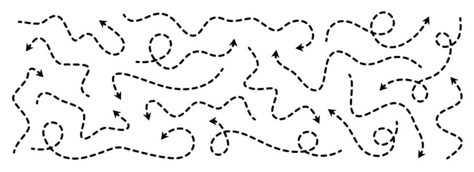 Various dotted thin arrow set. Wavy and curved dashed pointer collection. Squiggle sketchy direction lines. Dots squiggle loop stripe design elements bundle for flyer, poster, brochure vector