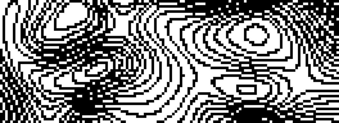 Black dithered wavy curved line background. 8 bit pixel glitch texture. Rasterized stripe overlay wallpaper. Chaotic digitalize distorted backdrop for banner, poster, flyer, brochure, booklet