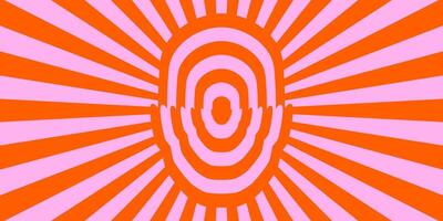 Retro trippy psychedelic background. Red and pink groovy head with ray burst wallpaper. Vintage colorful hippie tunnel poster design. Mental hypnotic vibes concept. vector