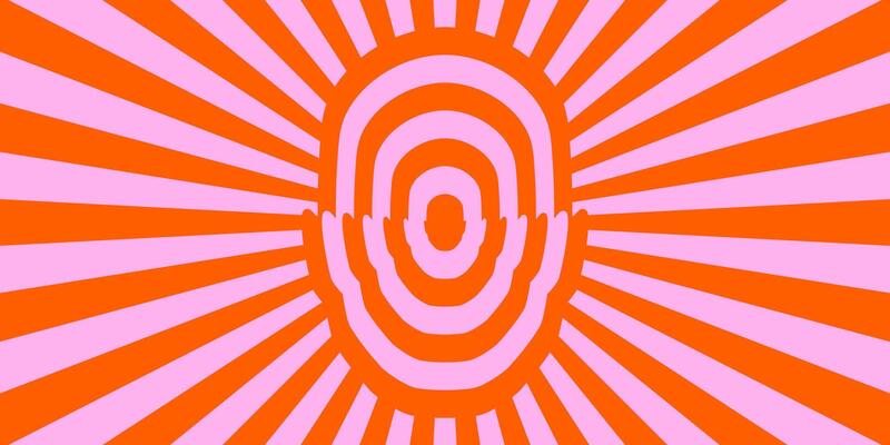 Retro trippy psychedelic background. Red and pink groovy head with ray burst wallpaper. Vintage colorful hippie tunnel poster design. Mental hypnotic vibes concept.