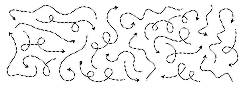 Comic dotted thin arrow set. Wavy and curved dashed pointer collection. Squiggle sketchy direction lines. Dots squiggle loop stripe design elements bundle for flyer, poster, brochure, banner. vector