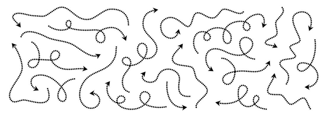 Comic dotted thin arrow set. Wavy and curved dashed pointer collection. Squiggle sketchy direction lines. Dots squiggle loop stripe design elements bundle for flyer, poster, brochure, banner.
