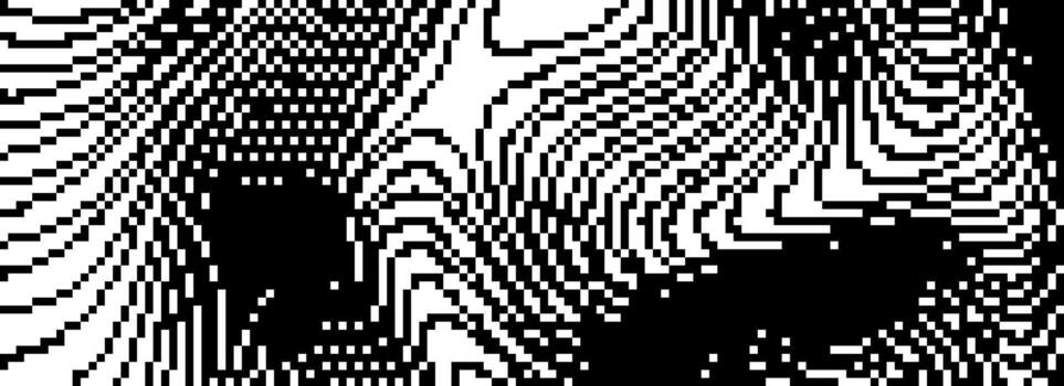Dithered wavy curved line texture. Black 8 bit pixel glitch background. Rasterized stripes overlay wallpaper. Binary digitalized distorted backdrop for banner, poster, flyer, brochure, booklet vector
