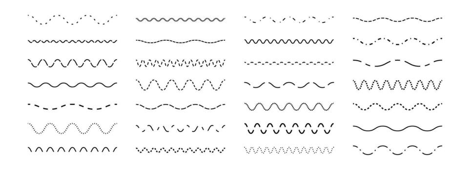 Dashed wave line set. Dotted dividers or separators design element collection. Broken wavy stroke pack for underline, emphasis, highlight. Repeated dash zigzag lines bundle. vector