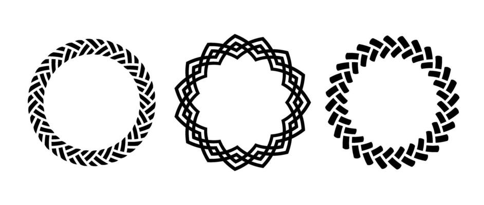 Retro knot circle frame set. Vintage celtic round border collection. Braid and rope ornament and motif pattern for banner, poster, frame, border. Black circular design elements bundle.