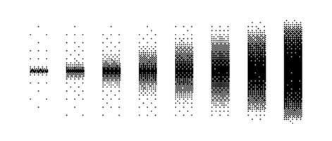 Halftone vertical gradient border set. Black long dotted separate or divider collection. Pixelated rectangle decoration element for banner, poster, advertisement, card, cover vector