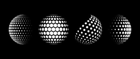 White halftone pattern sphere collection. Hexagon wireframe 3d circle set. Grid globe element bundle. Round dotted shape pack for tech poster, banner, cover, emblem, leaflet. vector